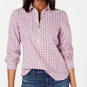 Tommy Hilfiger Women's M Red White Blue Plaid Shirt Patriotic Blouse Zipper
